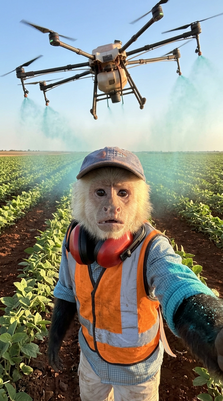 Macaco Snow de capacete e colete laranja na fazenda, com drone pulverizando acima