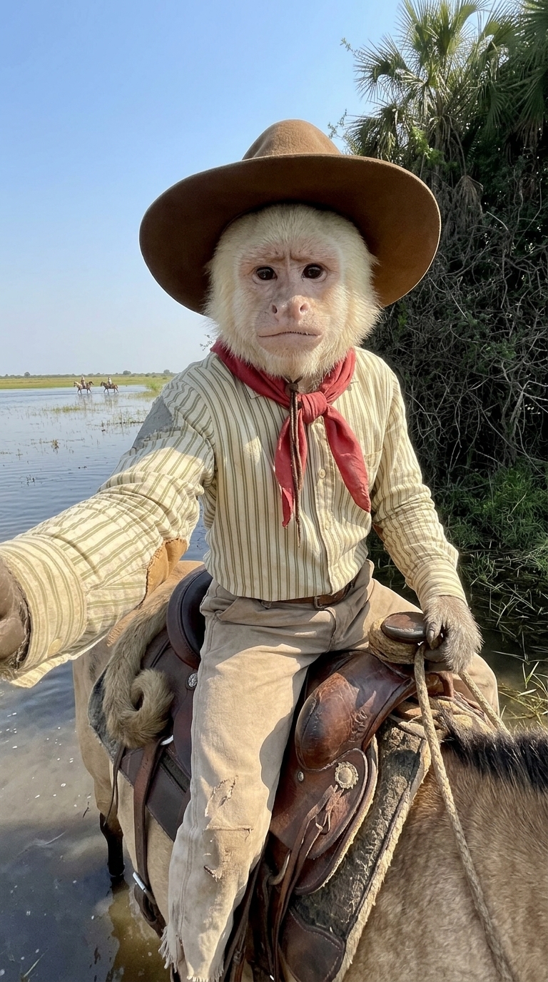 Macaco Snow de chapéu de cowboy, tirando uma selfie montado no cavalo na fazenda